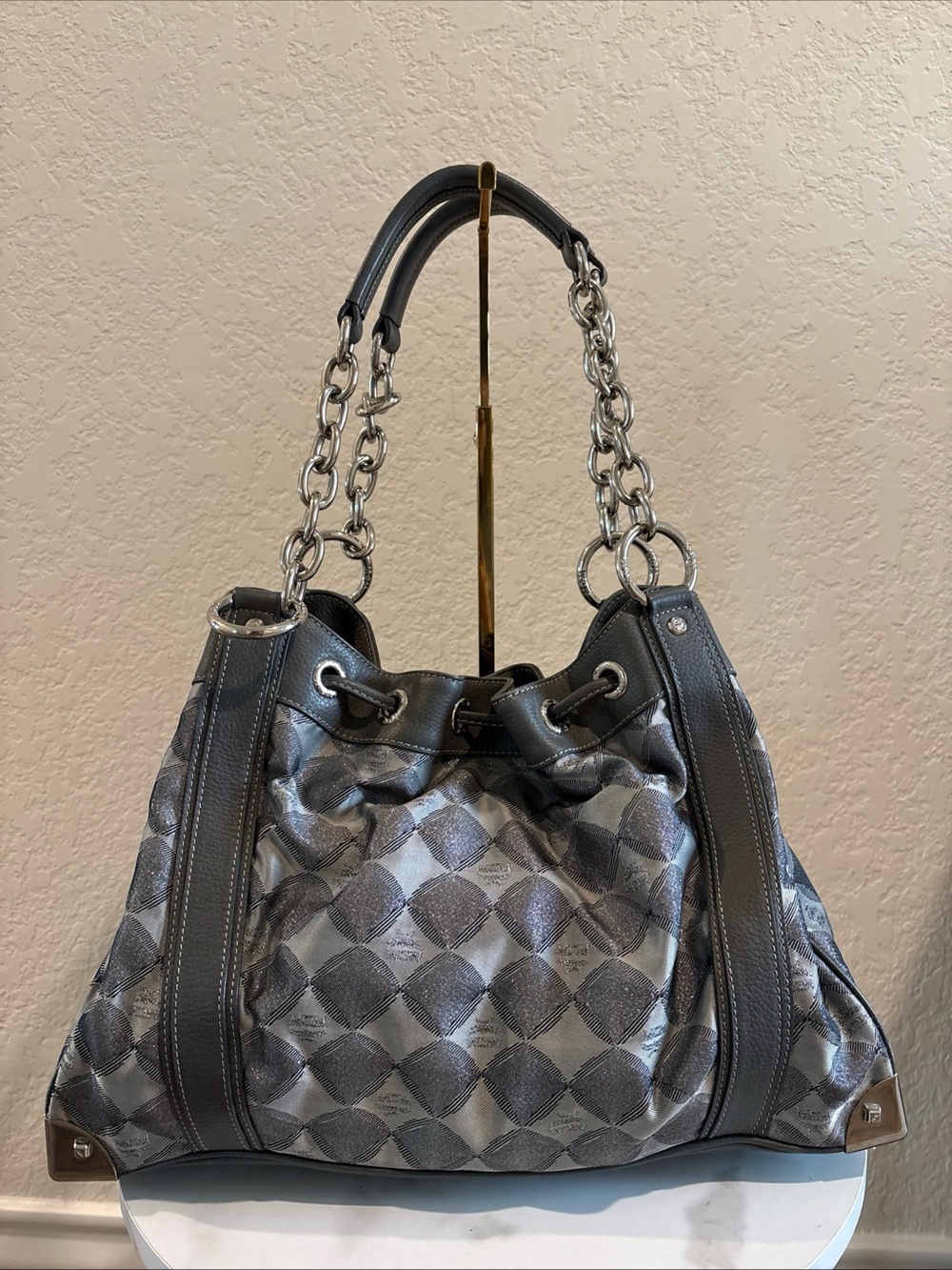 MCM Gray Drawstring Tote Bag with Chain Handle - Picture 3 of 16